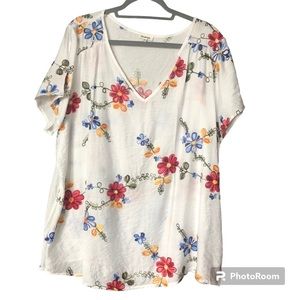 Anthropologie Kindred Floral Embroidered Lightweight Popover V Neck Cottagecore
